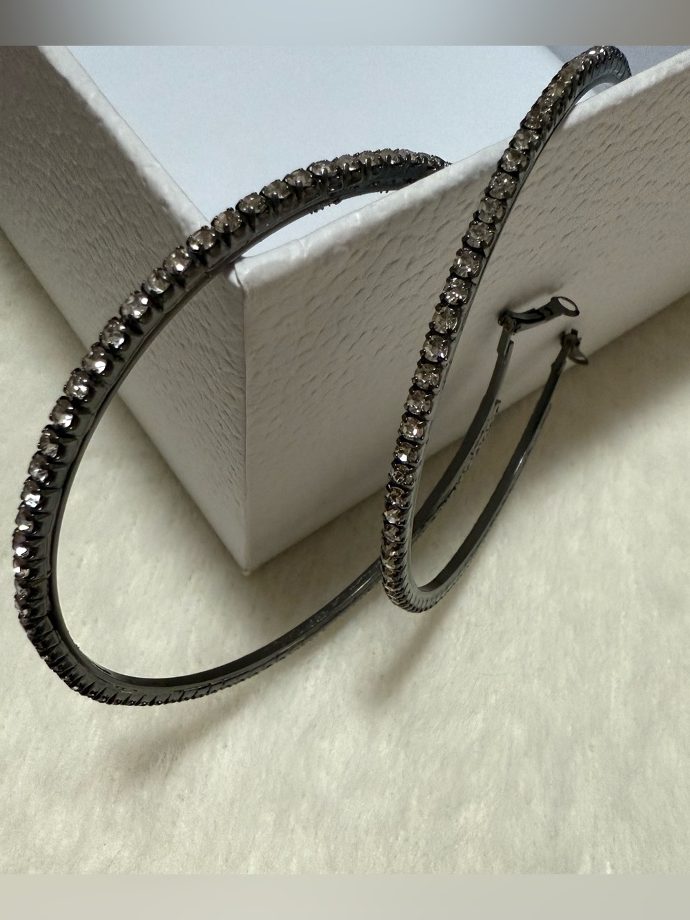 Elegant Black Silver Hoop Earrings Sparkly Rhinestones